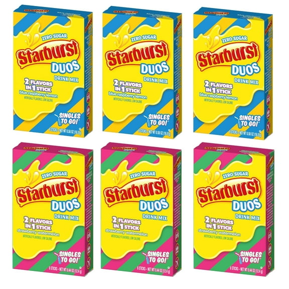Starburst Duos Singles To Go Drink Mix Variety Pack, 3 Boxes Of Strawberry Watermelon And 3 Boxes Of Blue Raspberry Lemon, Pack Of 6