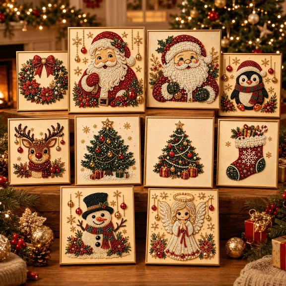 DIY Christmas Pearl Diamond Painting Art Kit with Frame, Diamond Art Kits for Adults Large 3D Pearl Painting Craft, Christmas Diamond Painting Wall Decor Kit with Beads and Tools for Beginners