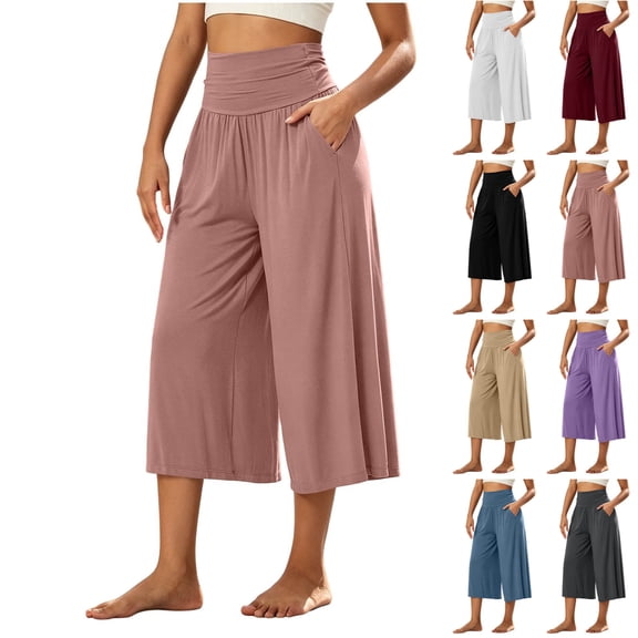 Maplenight Womens Wide Leg Yoga Pants Ruched High Waist Workout Capri Pants Summer Beach Casual Lounge Trousers with Pockets