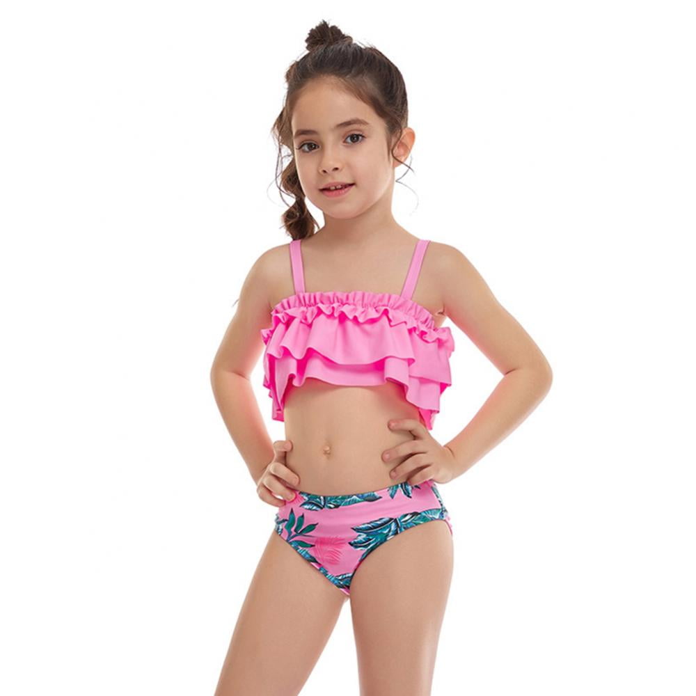 2Pcs Set Toddler Baby Girl Swimsuit Floral Leopard Ruffle Swimwear Bikini Tankini Sunsuit 