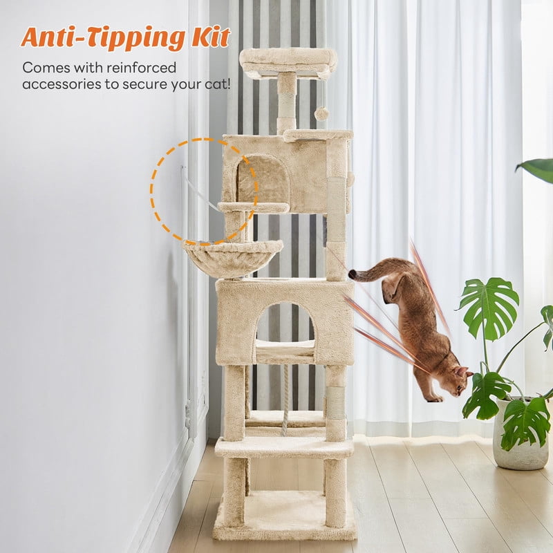 Kelno 66" Cat Tree Tower Durable Cat Climbing Tower with Sisal Scratching Posts Cozy Condo Hammock and Platforms, Beige
