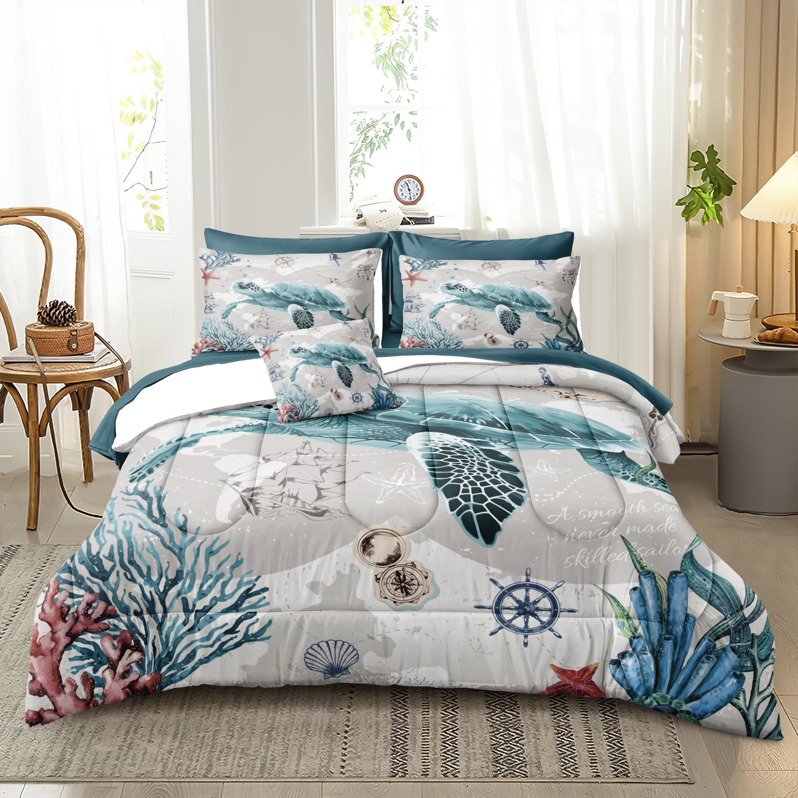 Nautical Bedding Set Turtle Comforter Set Queen/King Size Beach Comforter Set Soft Microfiber Sea Life Ocean Bedding Comforter Set Coastal Bedding Boys Girls Beach Theme Bedding Set 4 Pieces 1 Comfor