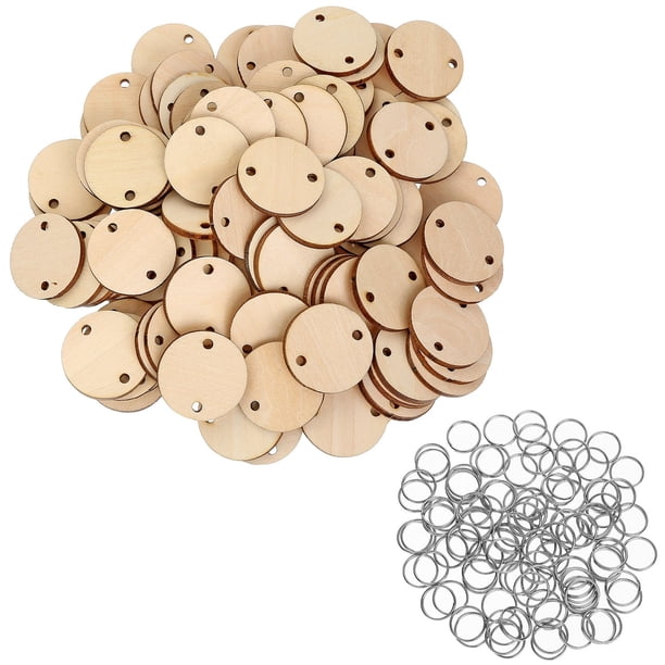 100 Discos Redondos de Madera con Agujeros, Etiquetas para Tableros de Cumpleaños y 100 Piezas de Anillos de 15 mm para Artes y Manualidades (3 CM)