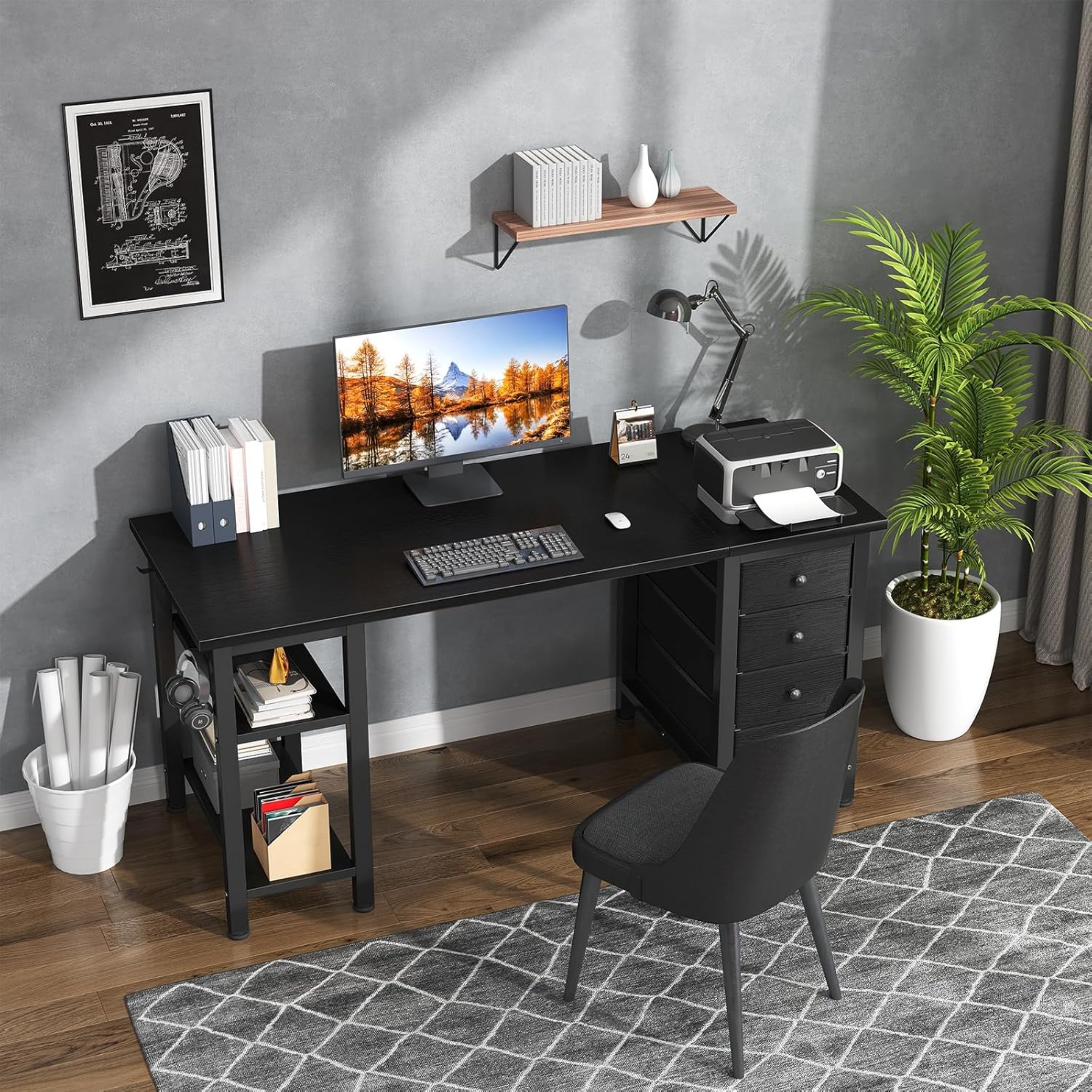 JEZWX Gaming Desk with 4 Fabric Drawers and Storage Shelves, 47 Inch Computer Writing Study Desk for Home Office Bedroom, Black