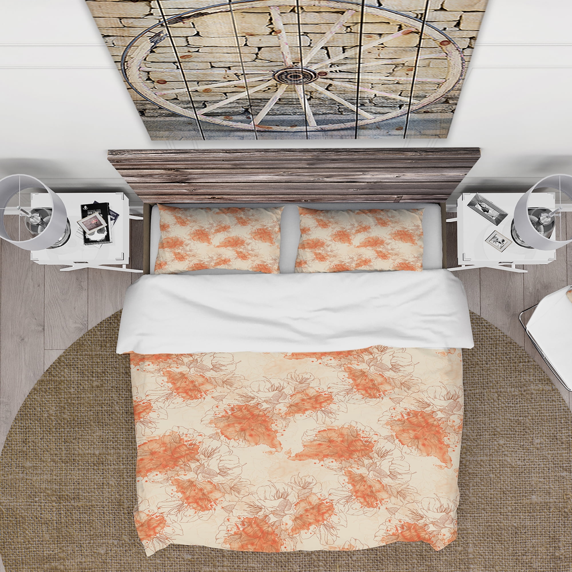 Designart 'Handdrawn Asian Flowers with Orange Watercolor' Floral Duvet Cover Set