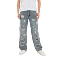 thumbnail image 1 of xiaxaixu Men's Ripped Distressed Denim Pants Sky Blue Mid Waist Straight Fit Washed Destroyed Denim Jeans, 1 of 9