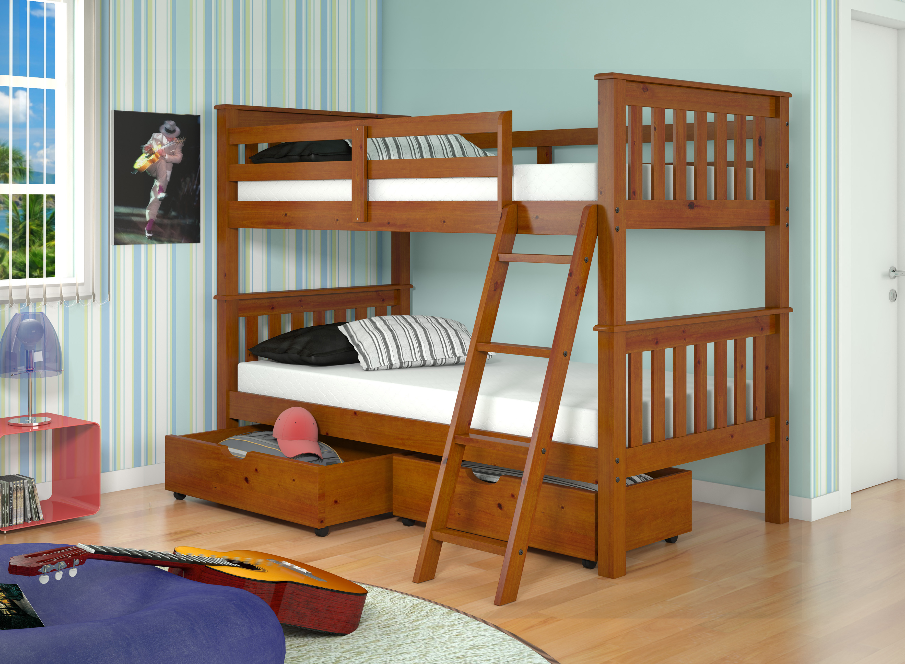 Donco Kids Pine Wood Bunk Bed Storage, TwinOverTwin, Brown