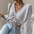thumbnail image 4 of Dinheiro Jersey de Mujer Prendas de Punto Recortadas acanaladas Top Corto de Punto Fruncido con cordón Cuello en V sólido (Gris),,S,, 4 of 5