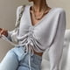 thumbnail image 4 of Jersey de mujer Prendas de punto recortadas acanaladas Top corto de punto fruncido con cordón Cuello en V sólido (gris), 4 of 5