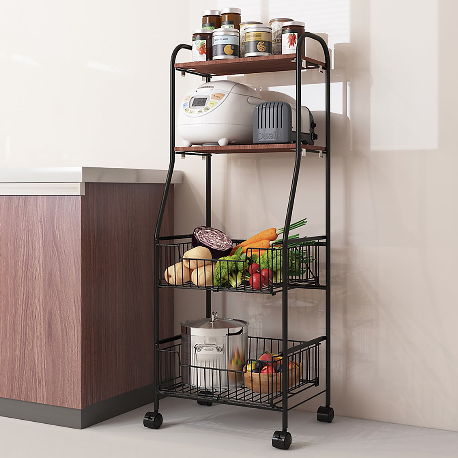 4 Tier Rolling Utility Cart Shelving Unit With Wheels Foldable Basket ...