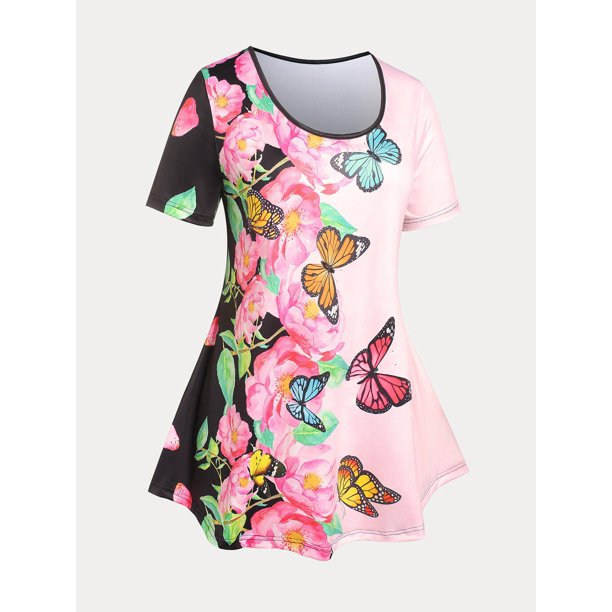 Camiseta con Estampado de Flores de Mariposa en Talla Extra Rosegal Camisetas tallas grandes