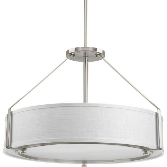 Progress Lighting, Ratio Collection, 4-Light Pendant, Brushed Nickel, White Linen Drum Shade
