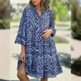 thumbnail image 2 of Vestidos acampanados de manga de siete cuartos para mujer, estilo dulce, estampado geométrico, dobladillo de empalme, vestido de pastel para mujer, jersey con cuello en V, vestido informal, 2 of 4
