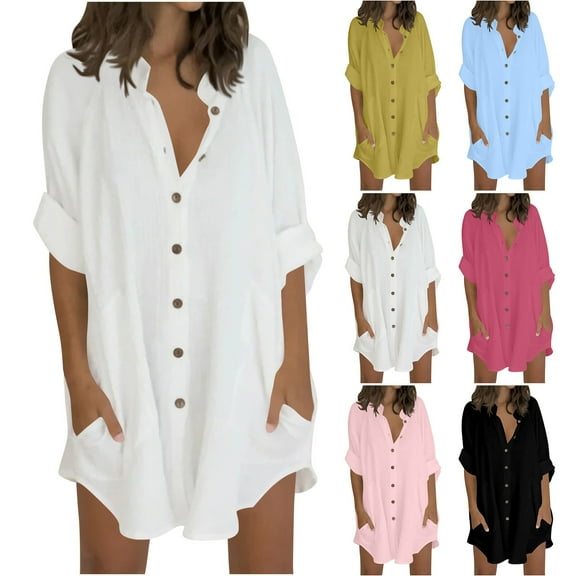 DIOAZUD Womens Button Down Shirt Linen Button Up Shirts for Women 3/4 Length Roll Sleeve Summer Shirt Collared Blouse Cotton Tops