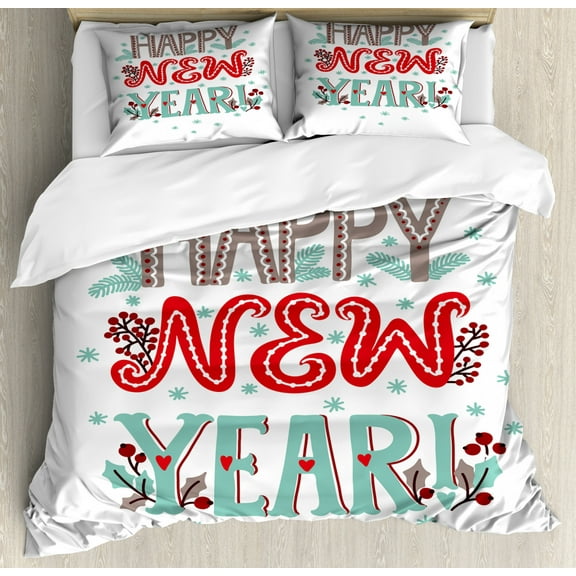 Happy New Year Duvet Cover Set King Size, Typography in Ornaments Details Cute Motifs, Decorative 3 Piece Bedding Set with 2 Pillow Shams, Vermilion Pale Teal and Pale Mauve Taupe, by Ambesonne