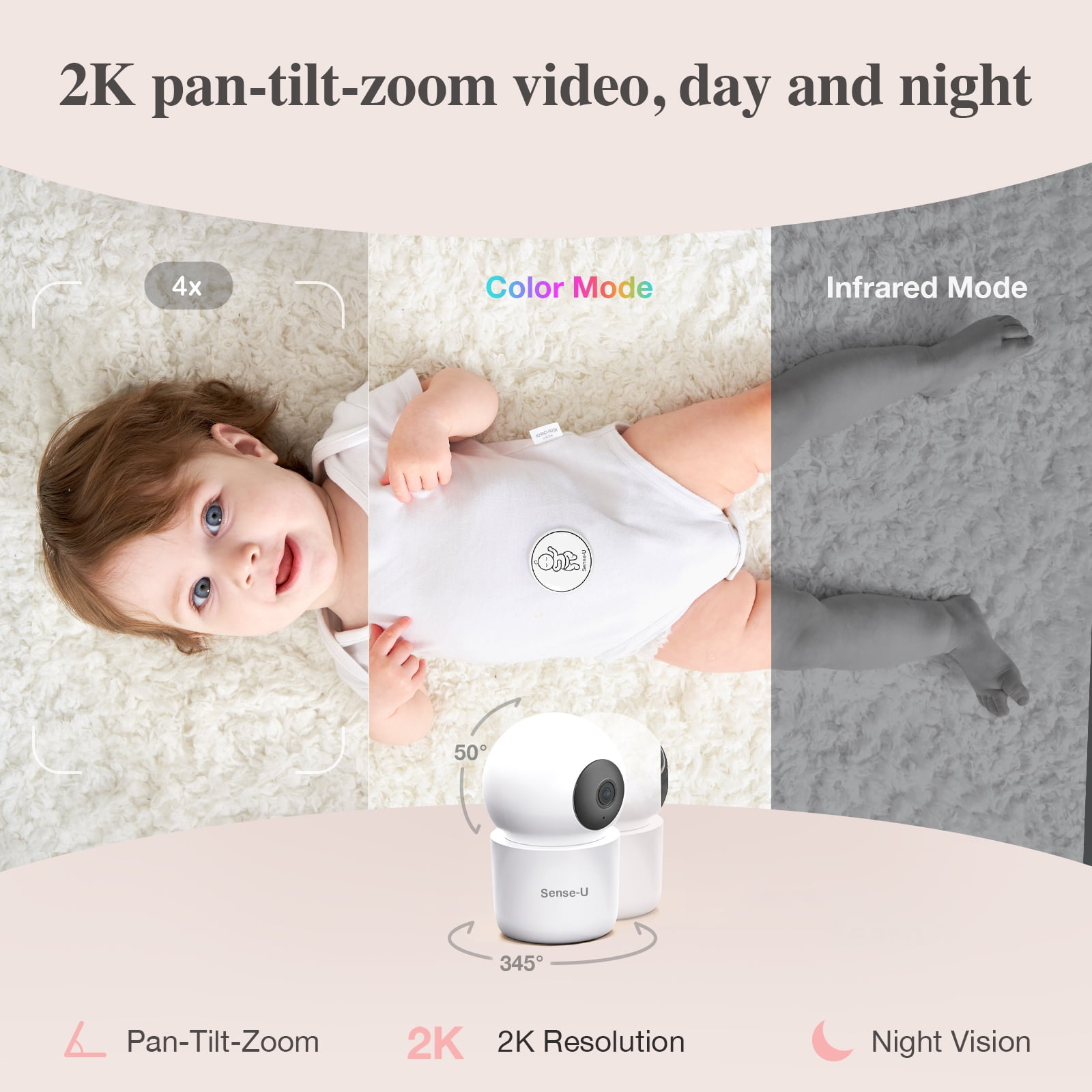 Sense-U 2K PTZ Baby Monitor Camera with 2K HD Video, Background Audio, Cry Detection, No Monthly Fee, Sensor-Free Sleep Breathing Movement Detection, Security Camera, for Peace of Mind