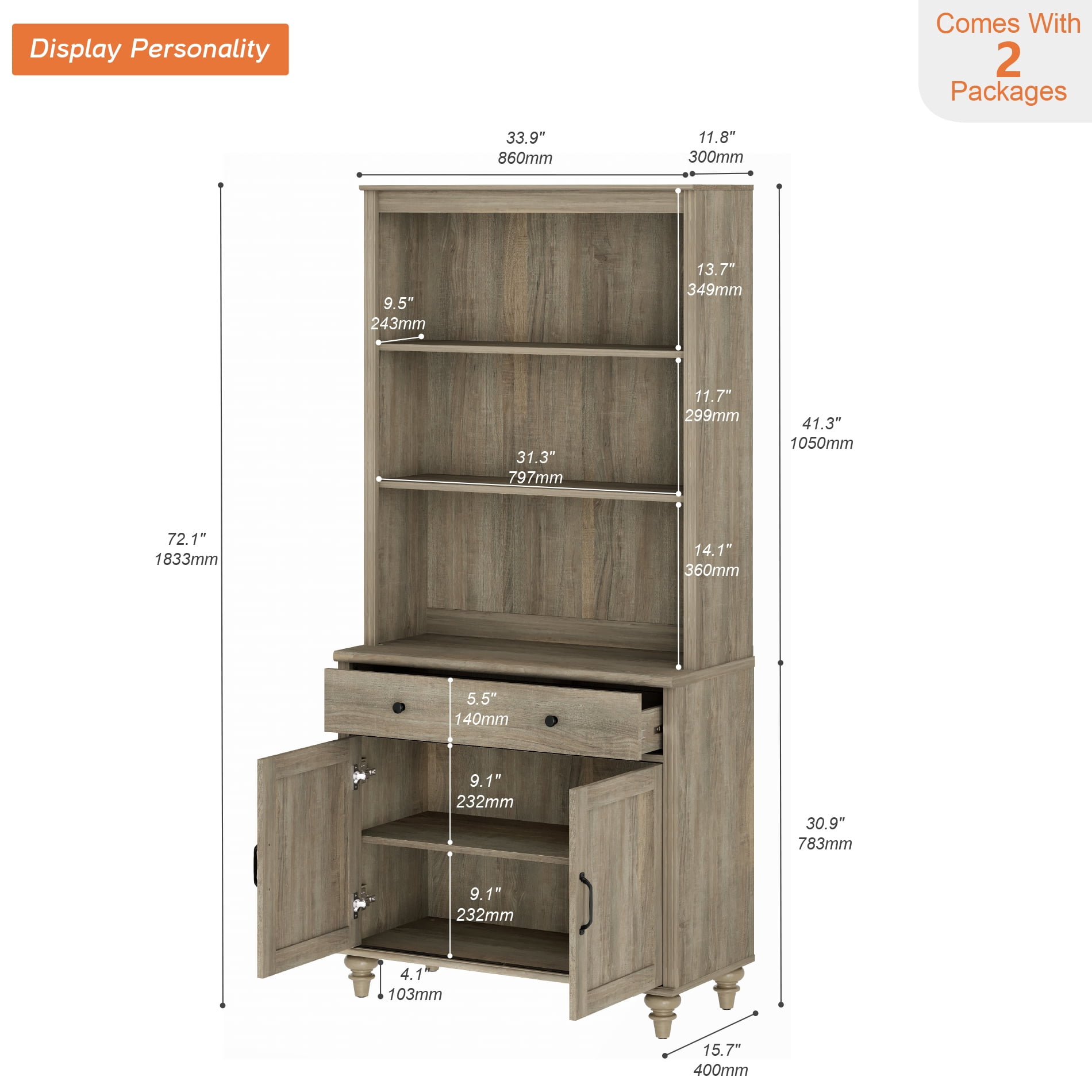 Farmhouse 5 Tier Bookcase With Drawer & Doors, Wash Gray, 33.9" W