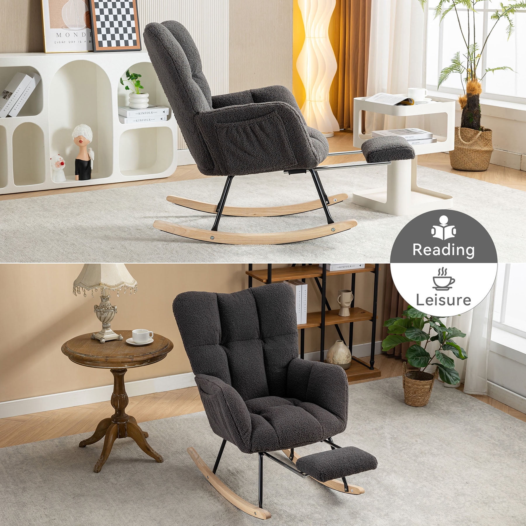 S-HOME Teddy Fabric Rocking Chair with Adjustable Footstool, High Backrest and Storage Pocket for Versatile Indoor Use, Dark Gray