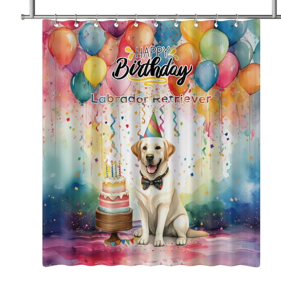 Happy Birthday to Labrador Retriever Kitten Party Balloons Cake Shower Curtain Lab Dog Lover Gifts Waterproof Bathroom Bathtub Curtain - 00027