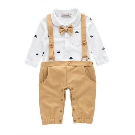 Baby Boy 12 Month Romper StylesILove Sailor Boat Print Faux Suspender Formal Wear Baby Boy Romper (6-12 Months, Khaki) ()