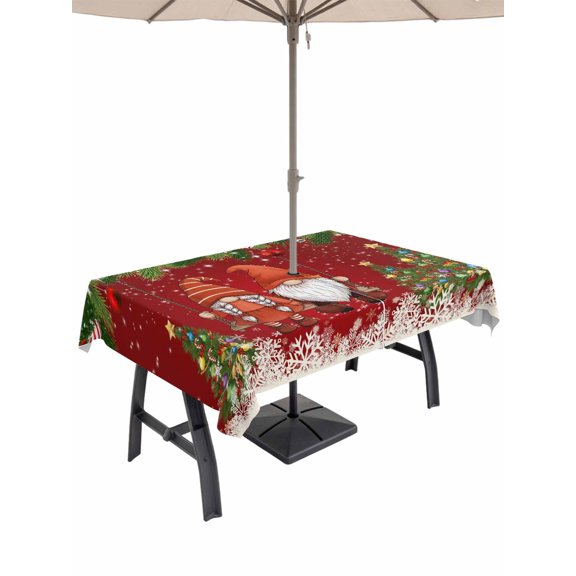 Outdoor Tablecloth with Umbrella Hole and Zipper, Red Gnomes Christmas Rectangle Table Cloth 60x102 Inch Waterproof Tablecloth, Xmas Tree Balls Snowflake Picnic Table Cover for Patio Camping