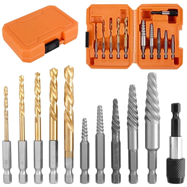 AMERTEER 11Pcs Screw Extractor Set Carbon Steel Hex Shank Bolt Extractor Kit Portable Easy Out Screw Remover Tool Kit with Connecting Rod for Damaged Broken Frozen Rusted Screws