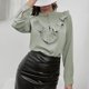 thumbnail image 3 of Top con cuello de botones de manga larga con volantes Blusa de manga larga para mujer cómoda y elegante para cita en la oficina Verde XL, 3 of 6