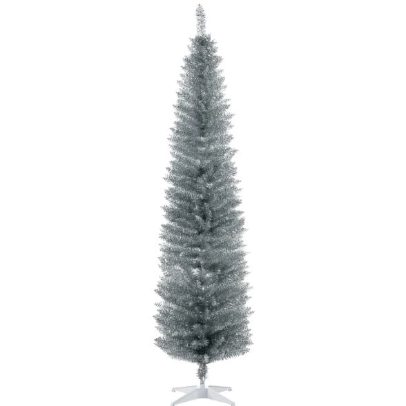 7ft Unlit Silver Pencil Christmas Tree 499 Tips Easy Assembly Plastic Base Small Space Holiday Decor