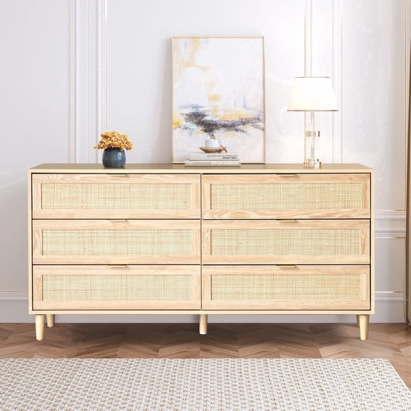 Natural Rattan 6-drawer Storage Cabinet, Wood Dresser with Rattan Drawers, TV Storage Cabinet Bedroom Living Room