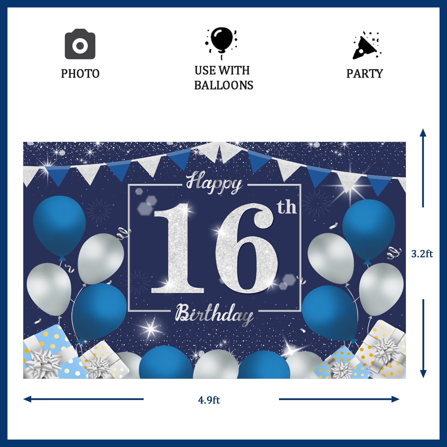 Hierein Decorazioni Compleanno 16 Anni, Palloncini Compleanno con Happy Birthday Striscione, Festoni, Decorazioni Torta per Feste, Palloncini Blu e Argento per 16 Anni Ragazzo
