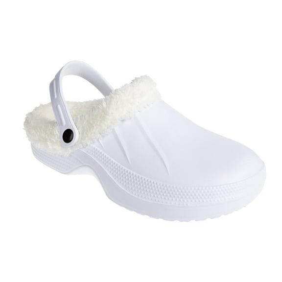 FOAMWALK Women's Comfortable Furry Solid and Bubble Heel Platform Clogs with Faux Fur Lining - Fur Lined Clogs for Women, White, 5-6
