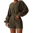 thumbnail image 1 of Women Two Piece Outfits Tracksuit Half Zip Lapel Cap Sleeve Sweatshirt High Waist Drawstring Shorts Set Sweatsuit, 1 of 6