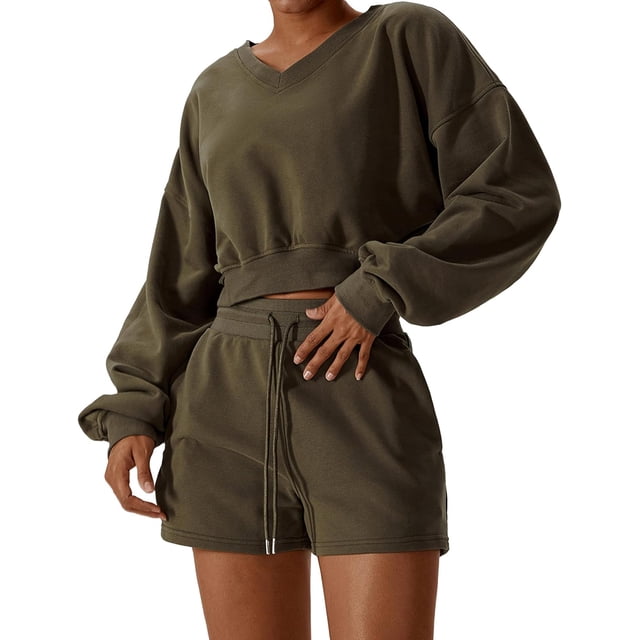 Women Two Piece Outfits Tracksuit Half Zip Lapel Cap Sleeve Sweatshirt High Waist Drawstring Shorts Set Sweatsuit