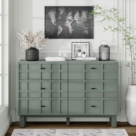 COZAYH Modern 6 Drawer Double Dresser with Grid Carved Pine Front Minimalist Chest of Drawers with Large Storage Space Metal Base for Bedroom Ash Veneered Top Metal Legs Light Green