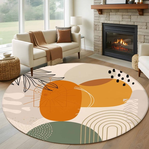 Round Area Rugs Collection 8 Ft, Boho Geometric Non-Slip Residential Carpet, Middle Century Abstract Leaves Stripes Indoor Crawling Mats Runner Rugs for Living Room/Dining Room/Bedroom