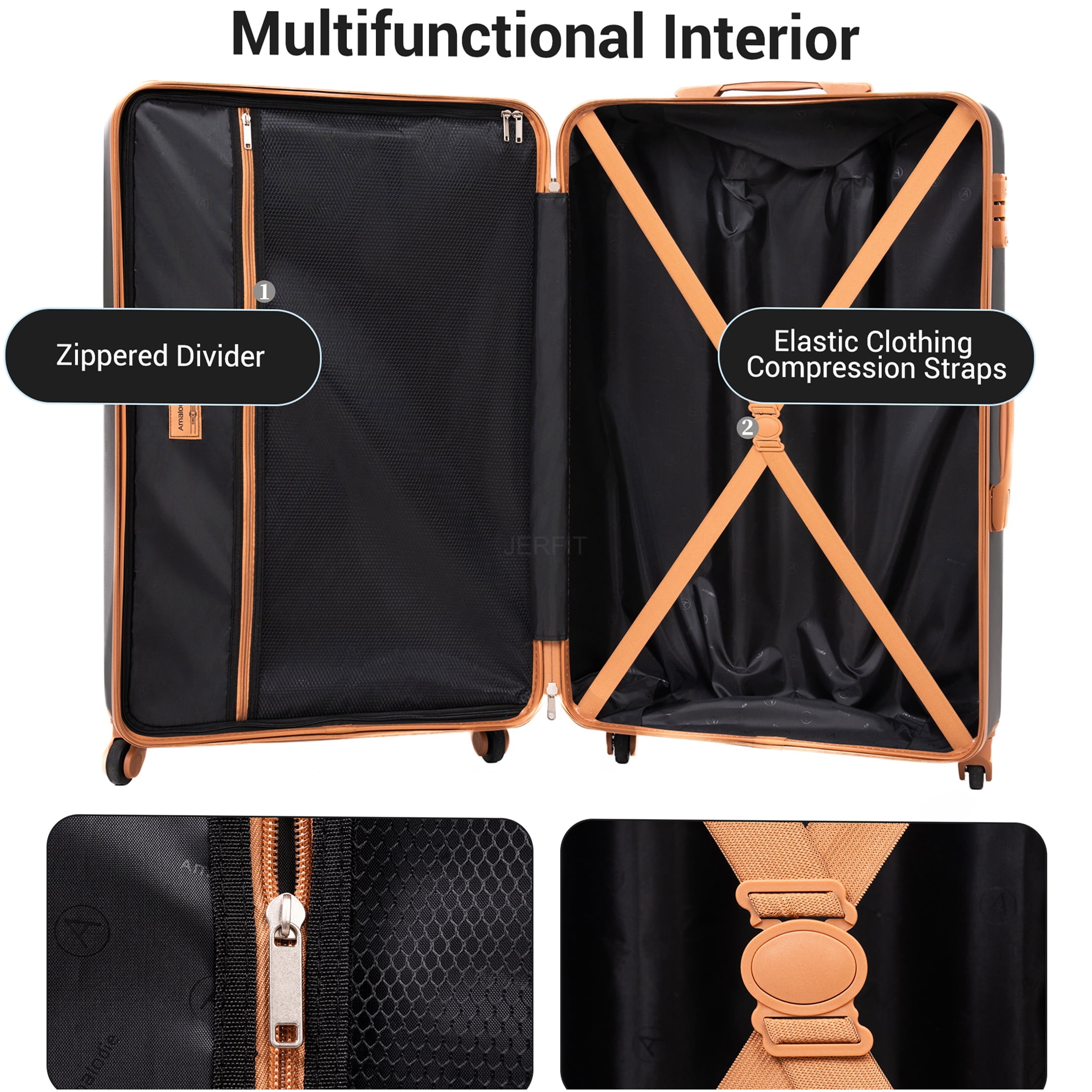 JERFIT ABS+PC Hardshell Luggage Set with TSA Lock, 8-Piece Spinner Suitcase Set Includes Carry-On, Checked Bag, Gym Bag & Storage Bags, Durable Lightweight Travel Luggage for Men Women