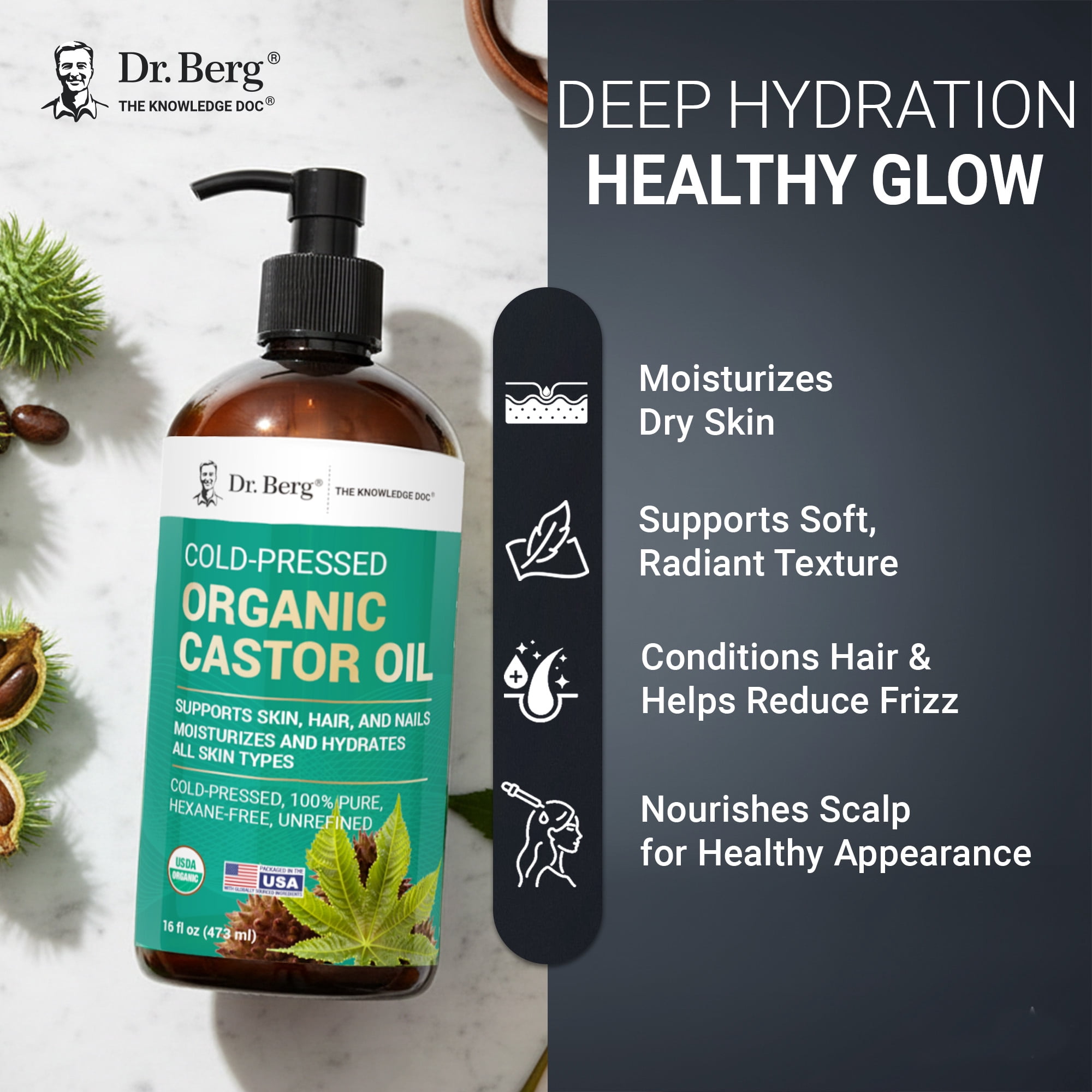 Dr. Berg Organic Castor Oil – Cold-Pressed & Unrefined, 100% Pure, Hexane-Free, USDA Organic – 16 fl oz