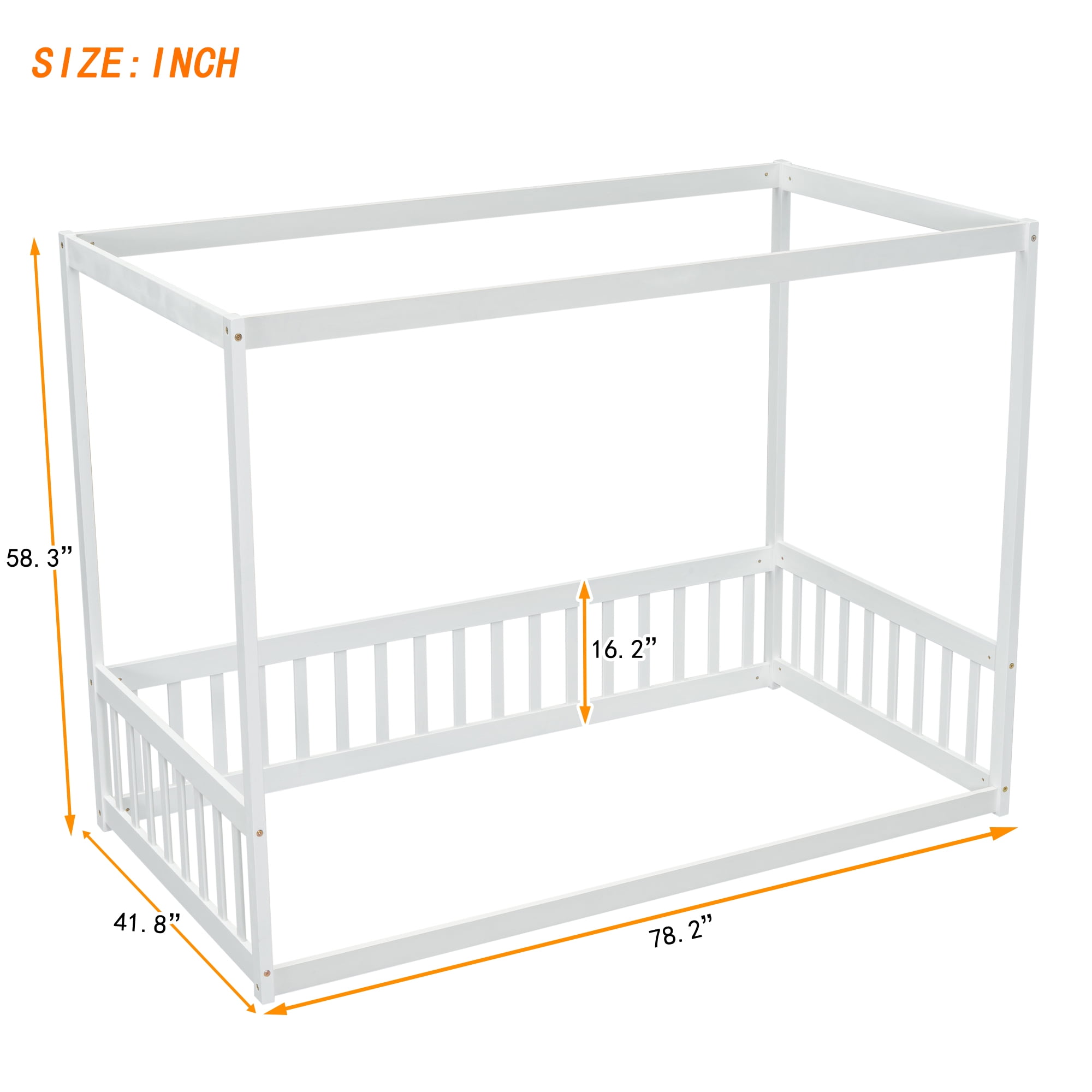 Miniyam Wood Twin Size Canopy Floor Bed with Guardrails for Kids and Teens, White