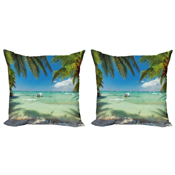 Ambesonne Tropical Throw Pillow Cover 2 Pack, Surreal Sea Palm Tree, 16", Fern Green Turquoise