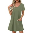 thumbnail image 1 of fheaev Robes d'Été pour Femmes Couleur Unie Manches Courtes Col en V Robe Décontractée Robes d'Été Mini Robe Trapèze avec Poches Robes T-Shirt Plissées de Plage, 1 of 7