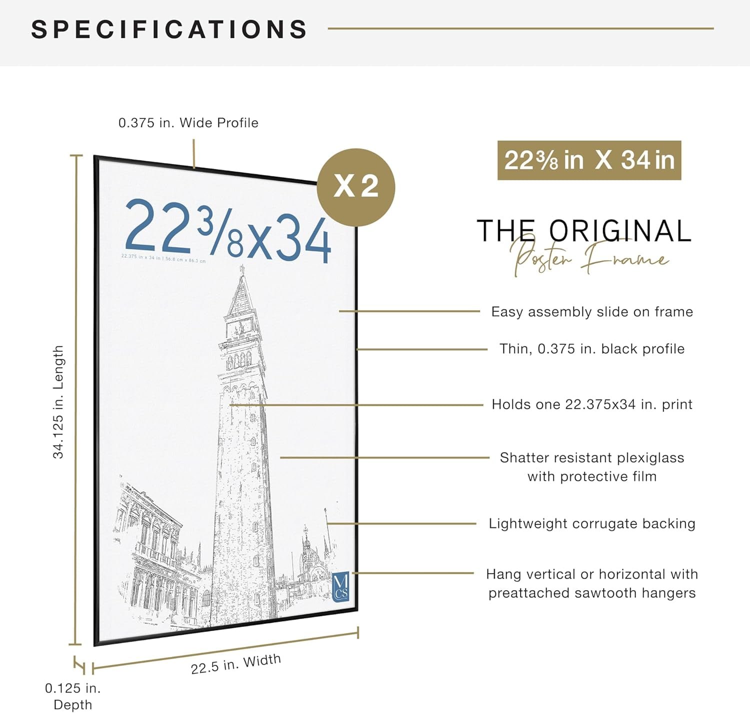 MCS Original Poster Frame 22.375x34 Black Lightweight Vertical