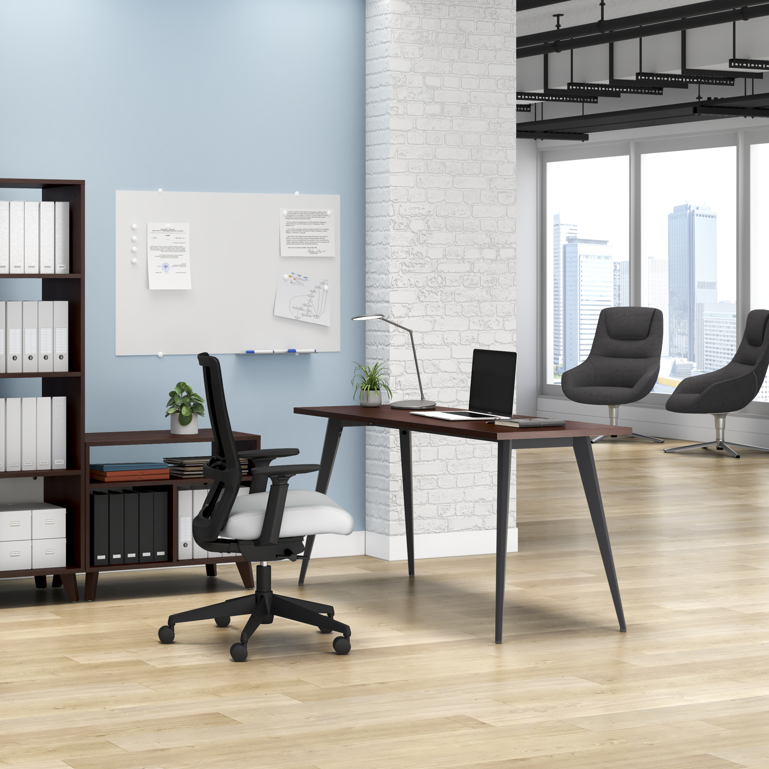 HON Basyx 55” Commercial-Grade Executive Desk, Angled Metal Legs, in Charcoal/Walnut (BSX55MPLCMW)