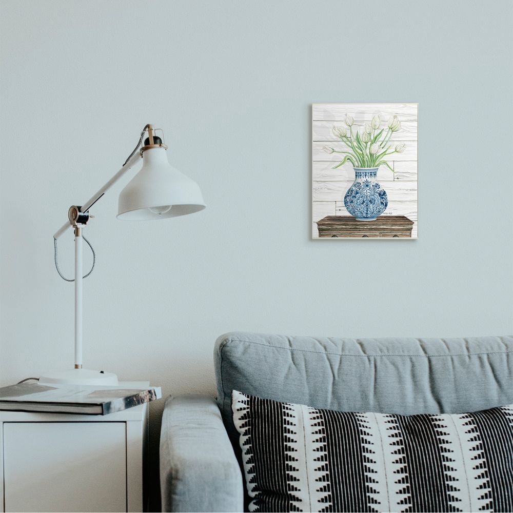 Stupell Industries Tulip Bouquet in Blue Ceramic Vase White Floral Design Wall Plaque Design by Cindy Jacobs