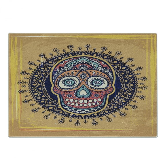 Bones Cutting Board, Hand Drawn Grunge Style Sugar Skull with Various Motifs and Floral Details, Decorative Tempered Glass Cutting and Serving Board, in 3 Sizes, by Ambesonne