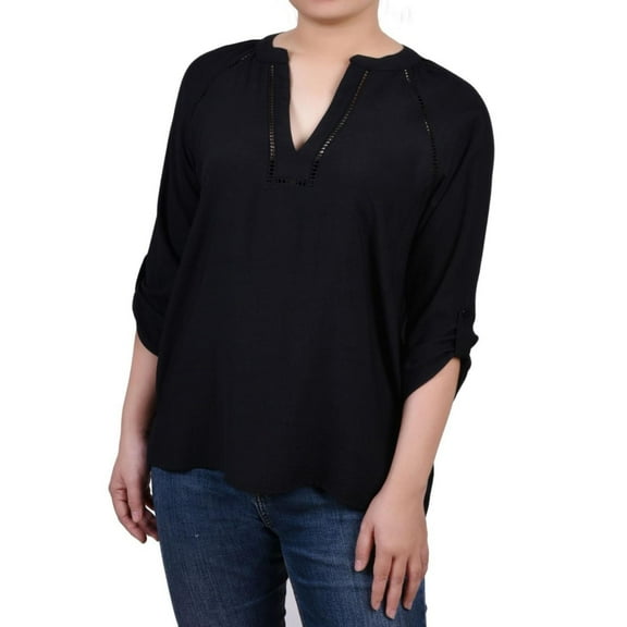 NY Collection Womens Eyelet Tunic Blouse, Black, Large