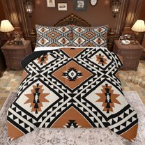 jejeloiu Vintage Aztec Geometric Full Size Comforter Sets,Boho Bohemian Style Bedding Comforter Set,Brown Beige Bedding Sets For Adult,Breathable Home Decor Reversible,3 Pieces
