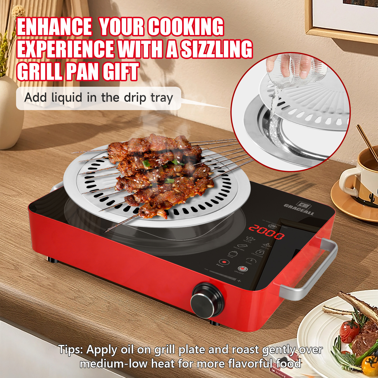 GRACEALL 2000W Electric Cooktop Portable Infrared Stove, Countertop Hot Plate for Cooking, Single Burner Cook Top, Kitchen Knob Control Stove, Unibody Design with BBQ Plate