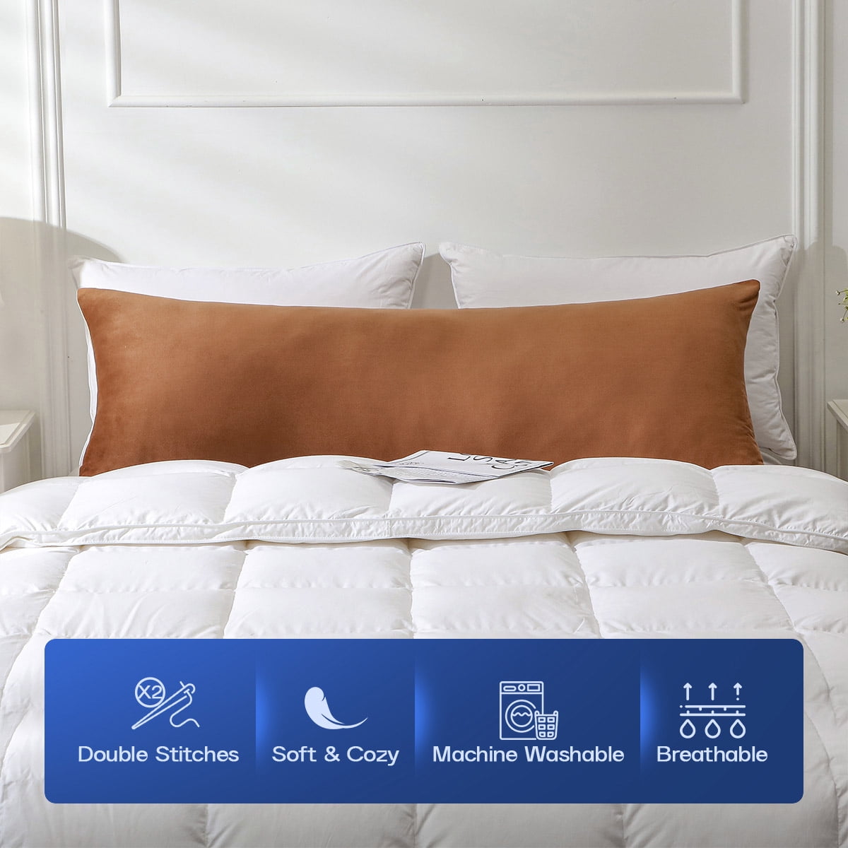 Full Velvet Body Plliow for Adults, Big Pillows Bed, 20"x54" Long Pillow with Removable, Pillow for Home Bedroom Pregnant Women, Camel & Brown