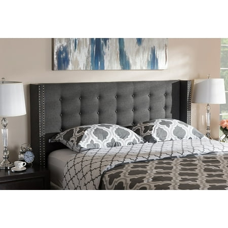 King Size Head Baxton Studio Ginaro Modern And Contemporary Dark Grey Fabric Button-Tufted Nail head King Size Winged Headboard ()