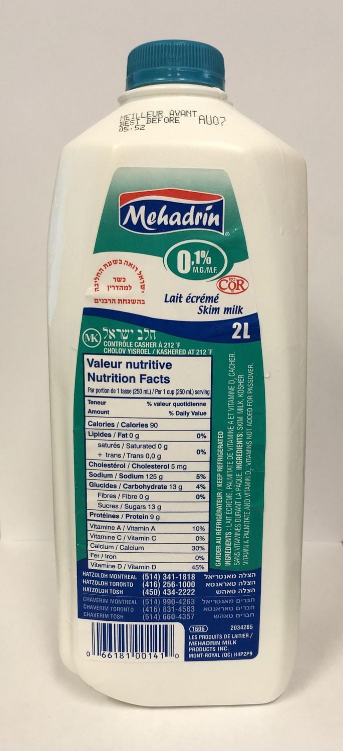 Mehadrin Skim Milk 0.1% 2L